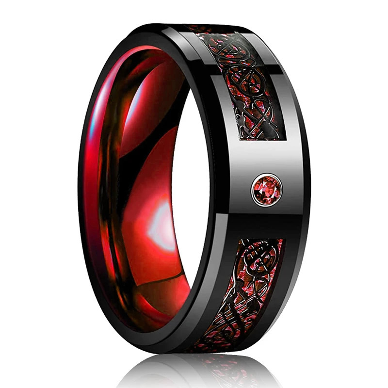 Fashion 8mm Red Groove Beveled Edge Stainless Steel Celtic Dragon Rings for Men Zircon Inlay Carbon Fibre Ring Wedding Band 250716