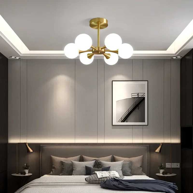Minimalist Luxury Copper LED Ceiling Chandelier Nordic White Glass Ball Ceiling Lamps Living Dining Room Bedroom Light FixtureXJ250725