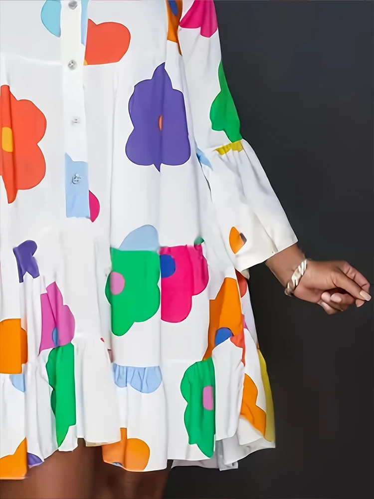 Plus Size 2024 Autumn Floral Printed Womens Dresses Casual Loose Button Fashion Streetwear Polyester VNeck Pleated 250717