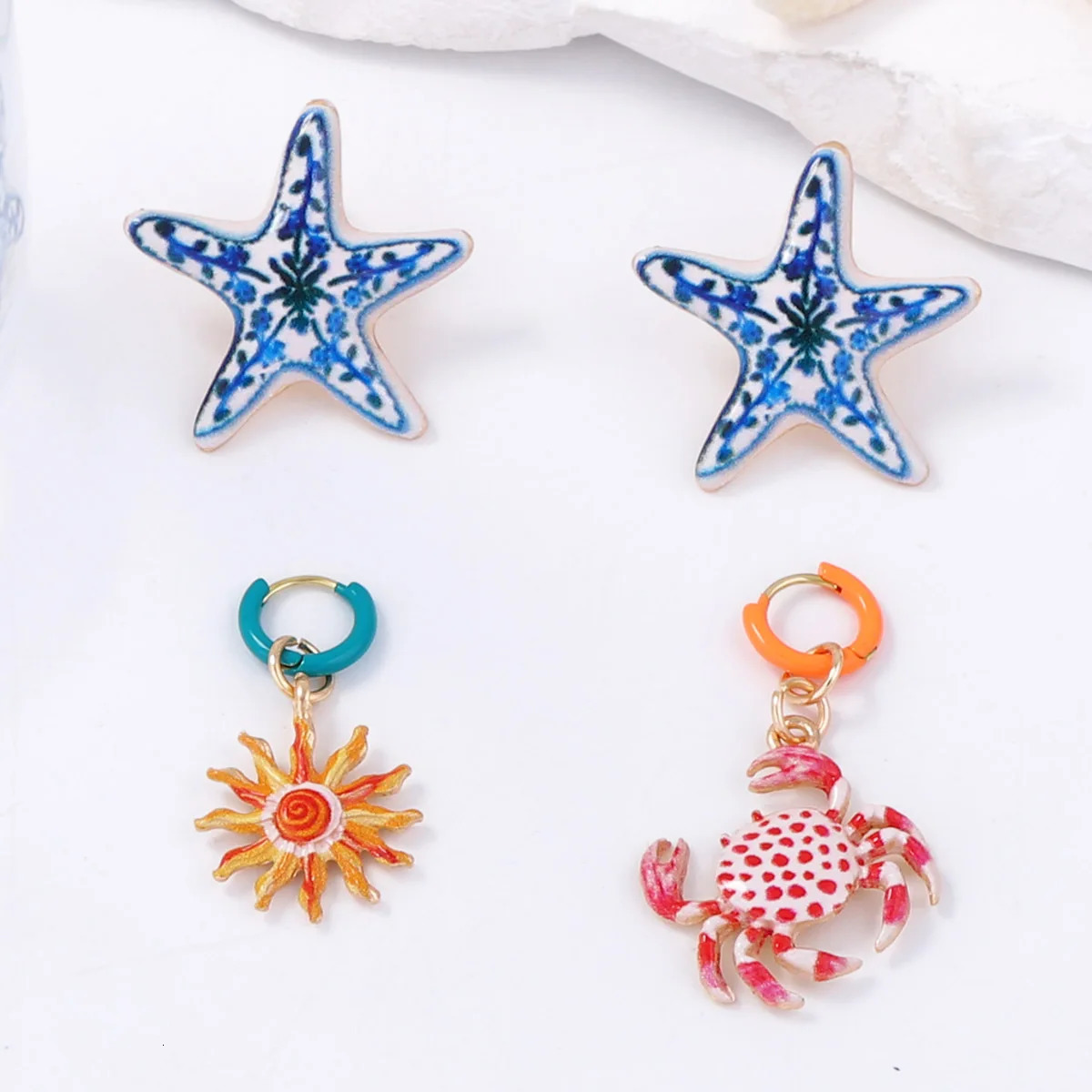 ZAA Personalized Trendy Creative n Alloy Starfish Crab Four Piece Earring Set 250715