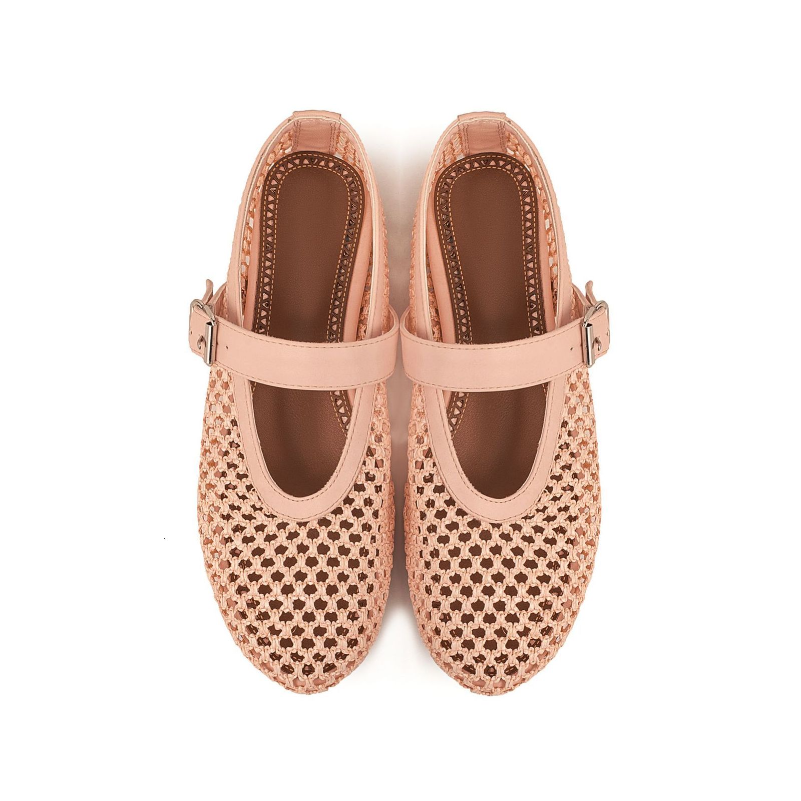 Woven Hollow Sandals Round Toe Buckle Flat Summer Single Shoes 250726