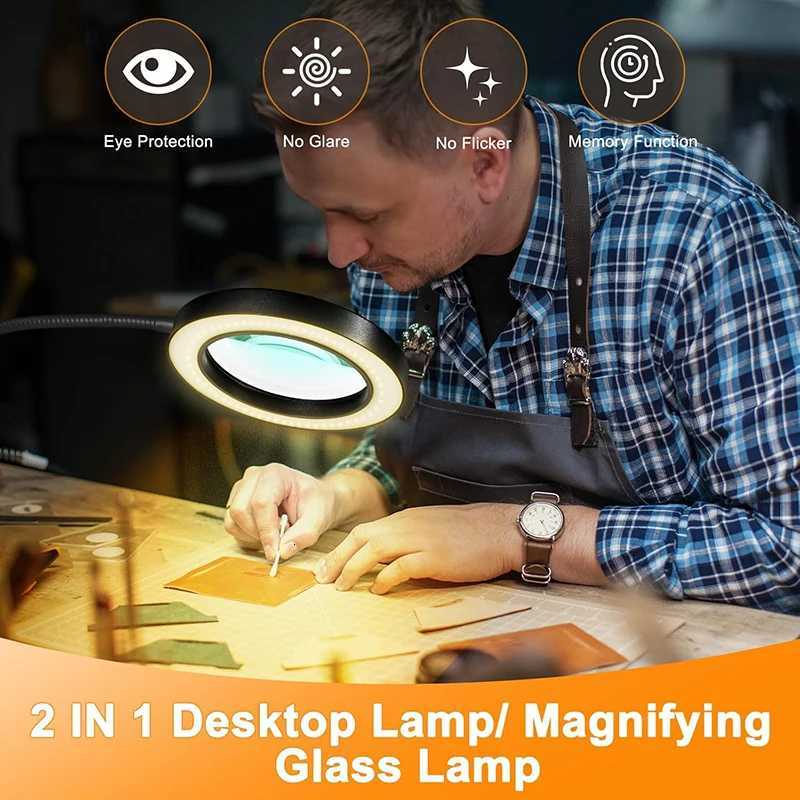 10X Magnifying Glass Desk Lamp with Metal Clamp 3 Color Modes Flexible Gooseneck Light for Bed Work Crafts DIY Repair XJ250725