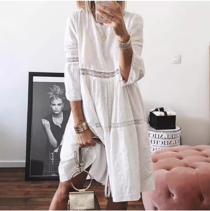 (1029) Lace Stitching Hollow Embroidery Three-quarter Sleeve Dress Plus Size Long Skirt