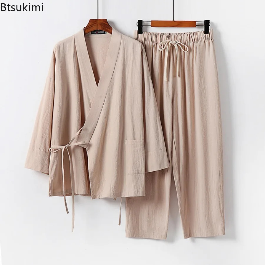 2025 Mens Summer Cotton Linen Two Pieces Chinese Style Lace Up Kimono TopsPants Casual Suit Male Vintage Hanfu Tang Suit M9XL 250724