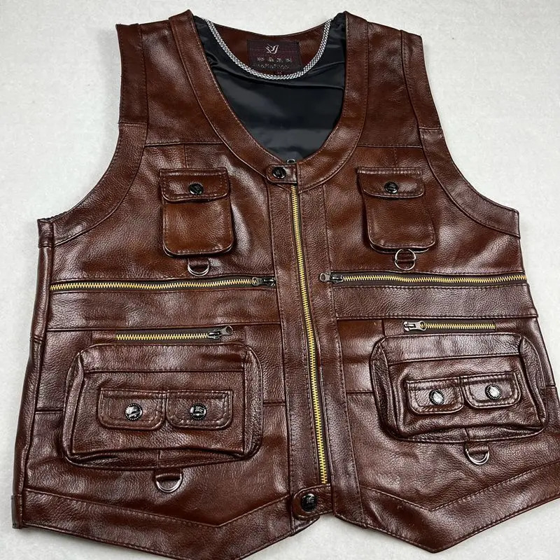 2025 Cowhide Genuine Leather Man Vest Waistcoat Male clothing Jacket Thick Motorcycle Multi Pocket leather biker Men safety vest y250725
