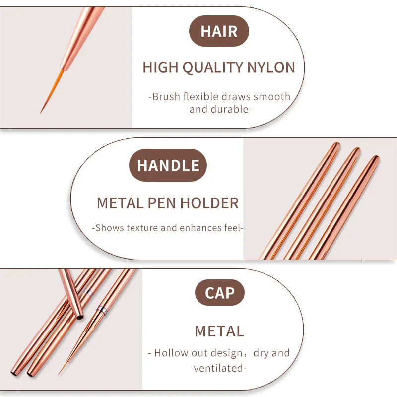 Rose Gold 3Pcs/set Nail Art UV Gel Liner Painting Brushes Drawing Flower Striping n Manicure Tools Kits 7/9/11mm 250716