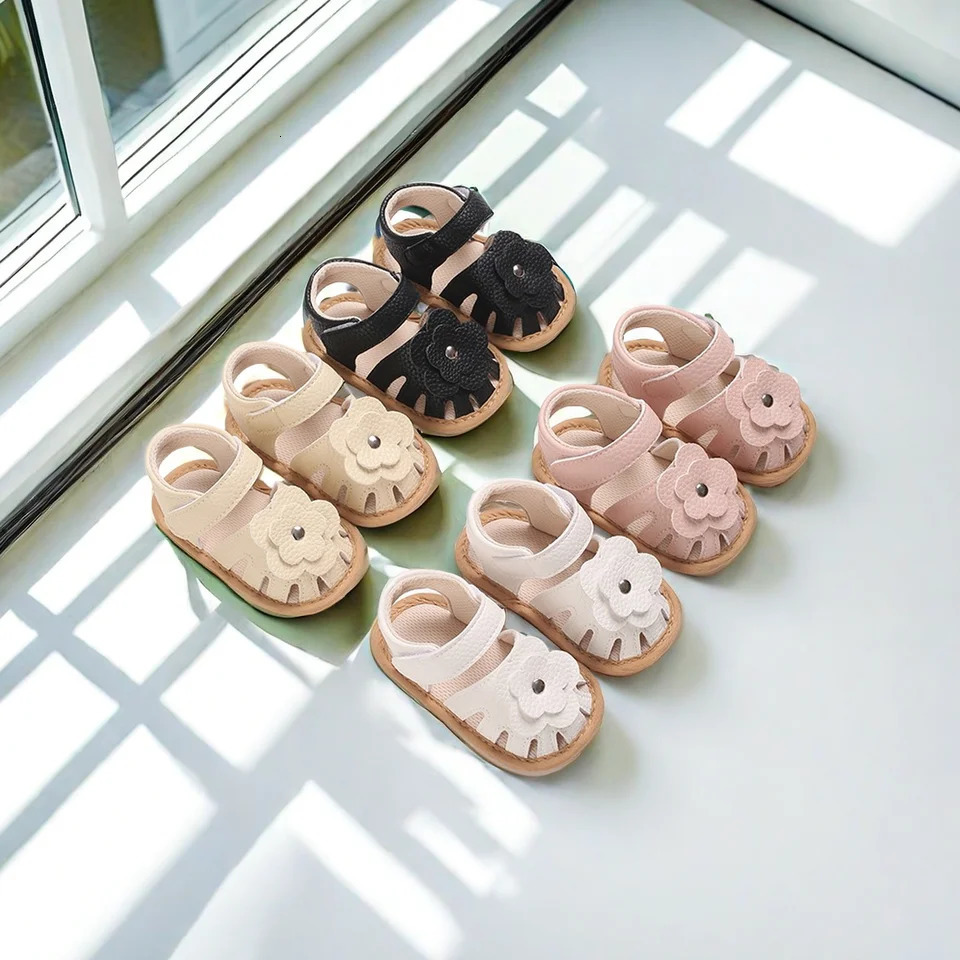 018M Cute born Flower Sandals for Girls in Summer PU Soft Rubber Sole AntiSlip Baby First Step Walking Shoes Sandals 250725