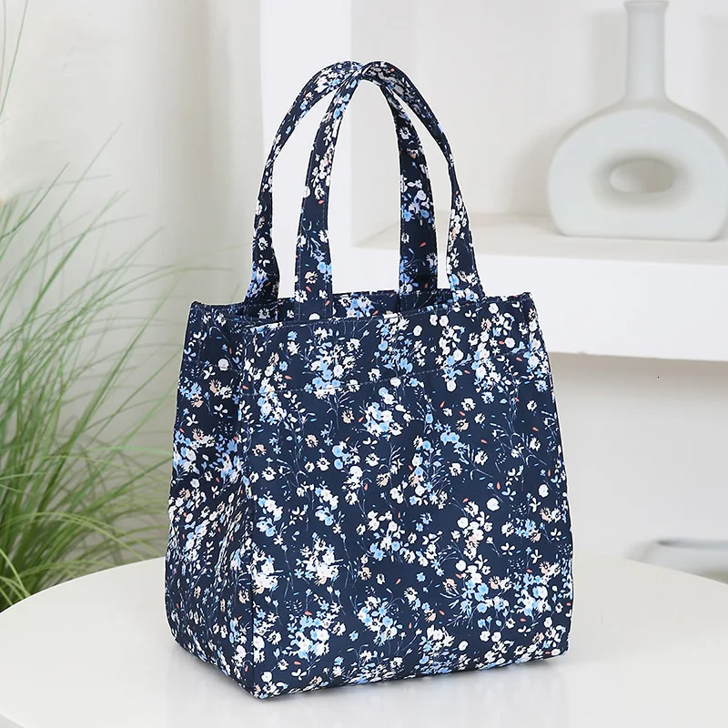 floral-printed handbag with a zipper semi-closed work lunch box bag with aluminum foil insulation inside 250723