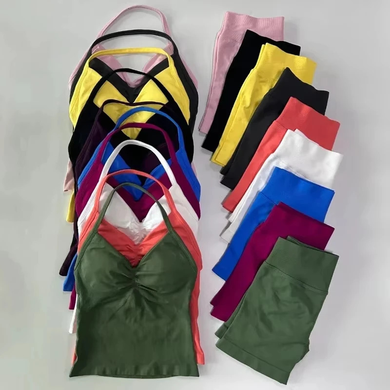 2Pcs Seamless Yoga Set Women Padded Halter Tank Top Scrunch Butt Lifting Gym Shorts Set Summer Sportswear Workout Clothes 250725