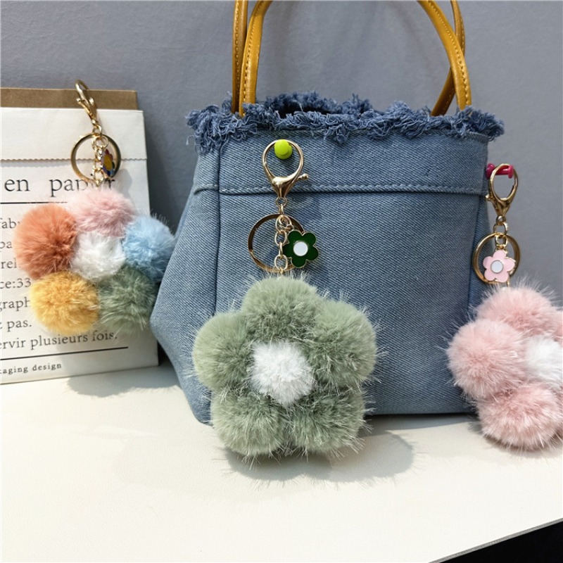 Colored Cherry Blossom Plush Keychain - Floral Design for Cars & Bags