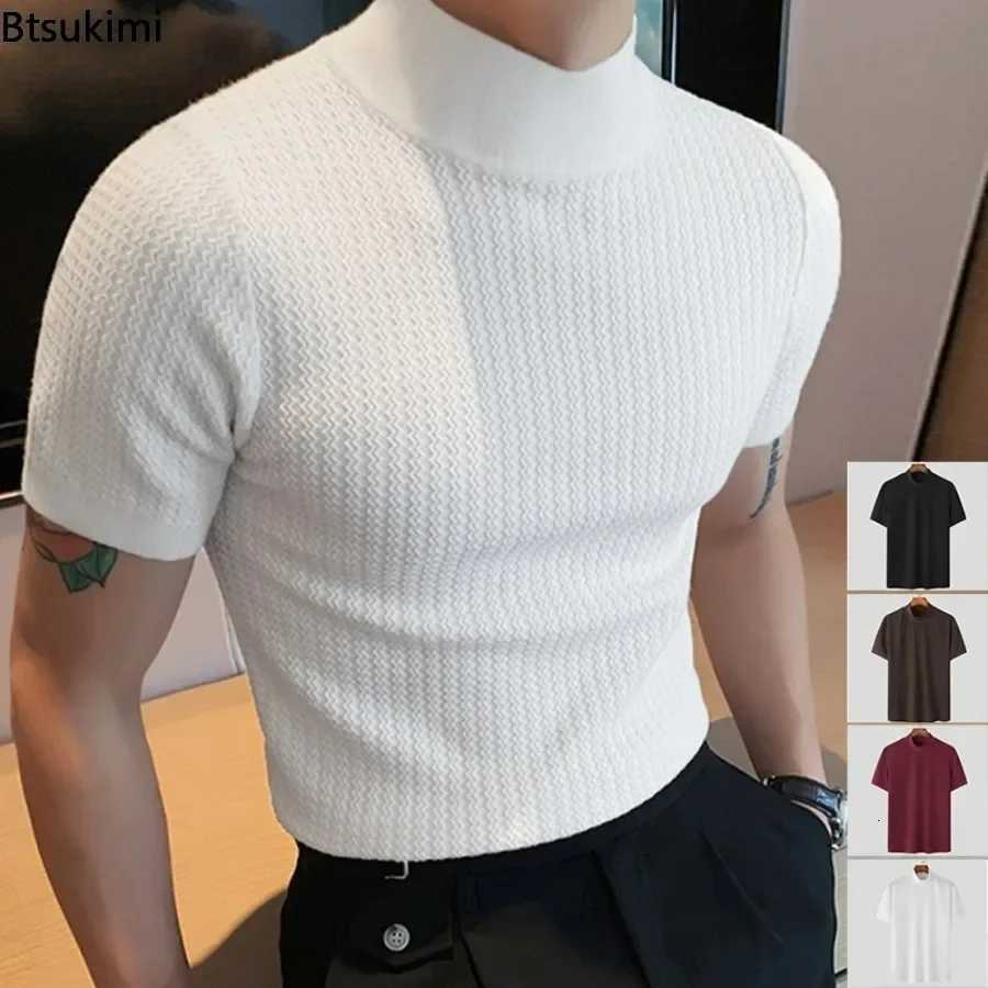 2025 Mens Summer Short Sleeve Ribbed T-Shirt Solid Half Turtleneck Slim Tee Tops Male Casual Basic Tshirt Pullover Shirts Men Z250725