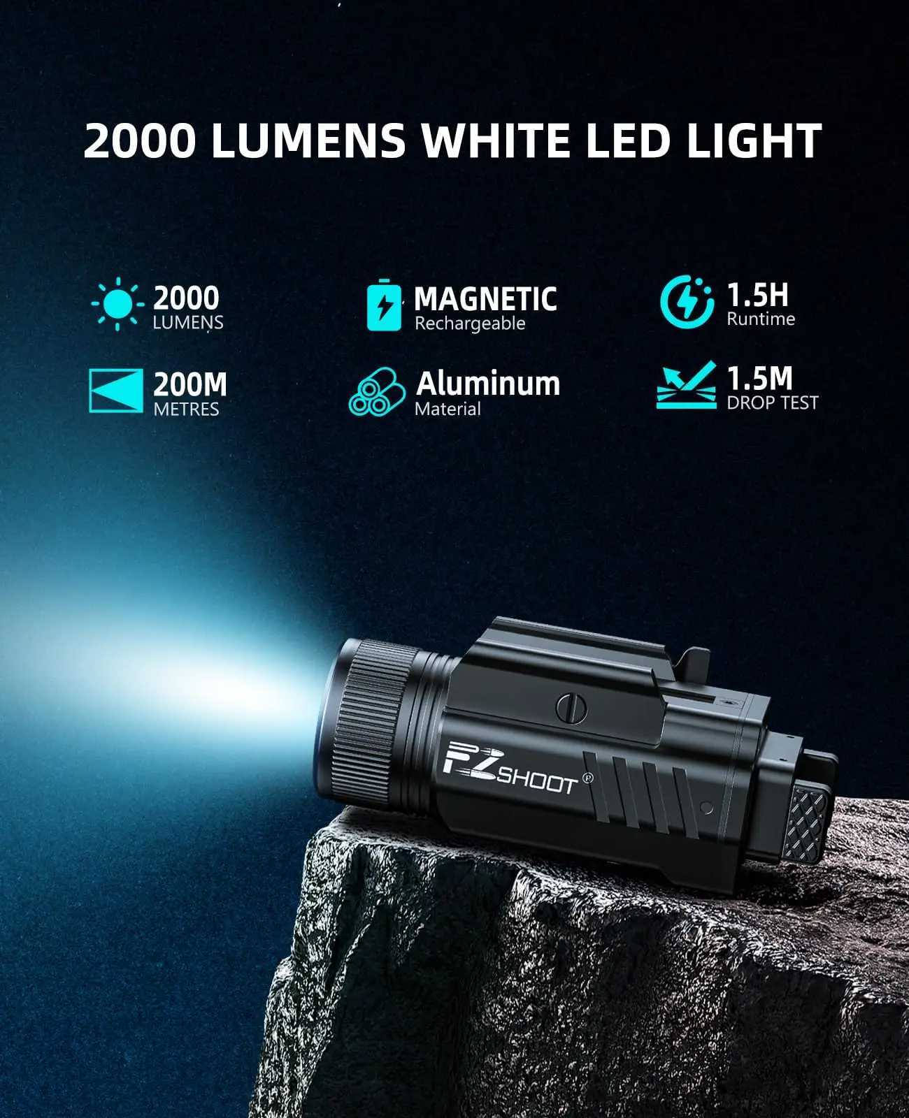 EZshoot 2000 Lumen Tactical Flashlight Compact LED Light Rechargeable for Pistol Picatinny or GL Rail with Adjustable Slide Rail W250722