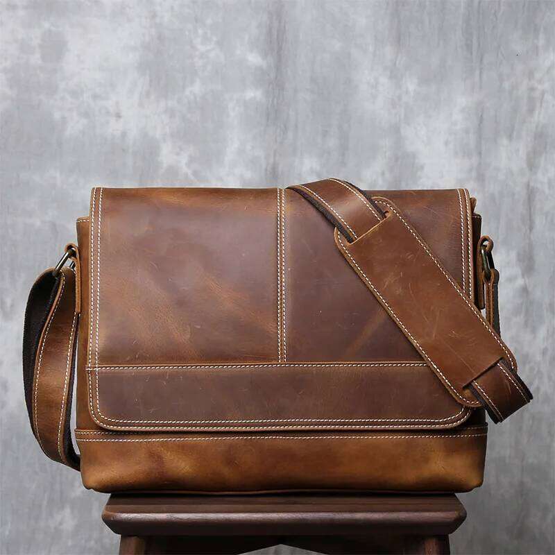 OLOEY New Crazy Horse Men's Original Retro Shoulder Horizontal A4 Postman Bag Handmade Leather Crossbody Bag.