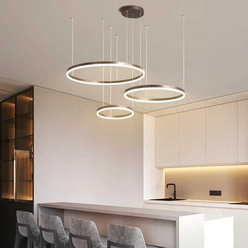 Modern LED Pendant Lights Home Lighting Brushed Rings Ceiling Mounted Chandelier Round Hanging Lamp Gold Coffee Color Lustre XJ250725