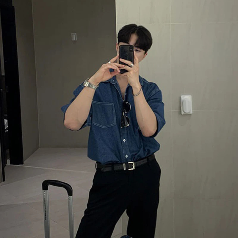 Summer Mens Clothing Denim Shortsleeved Pocket Shirt Leisure Buttondown Korean Streetwear Stylish 250725