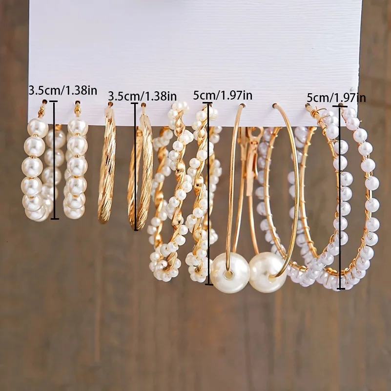 5 Pairs Elegant Wrapped Pearl Round Hoop Earrings Exaggerated Geometry Big Party Set Jewelry 250715