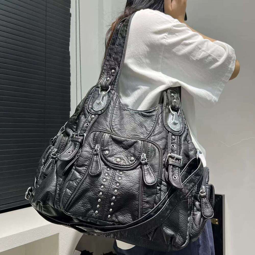 Women's Fashion Y2K Hot Girl Washed Vintage Motorcycle Large Capacity Designer Trendy Shoulder Bag