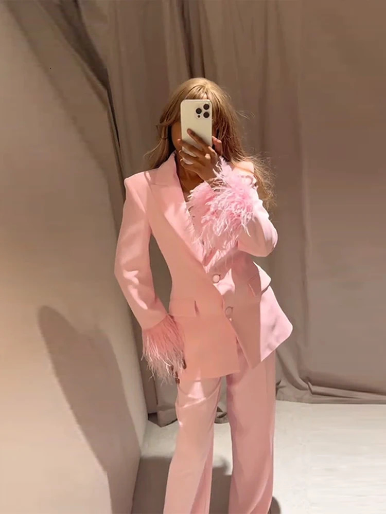 Feather Cuff Blazer Pants Set Women Pink Lapel Long Sleeve Button Jackets Wide Leg Pants Summer Lady Pockets Outfit 250723