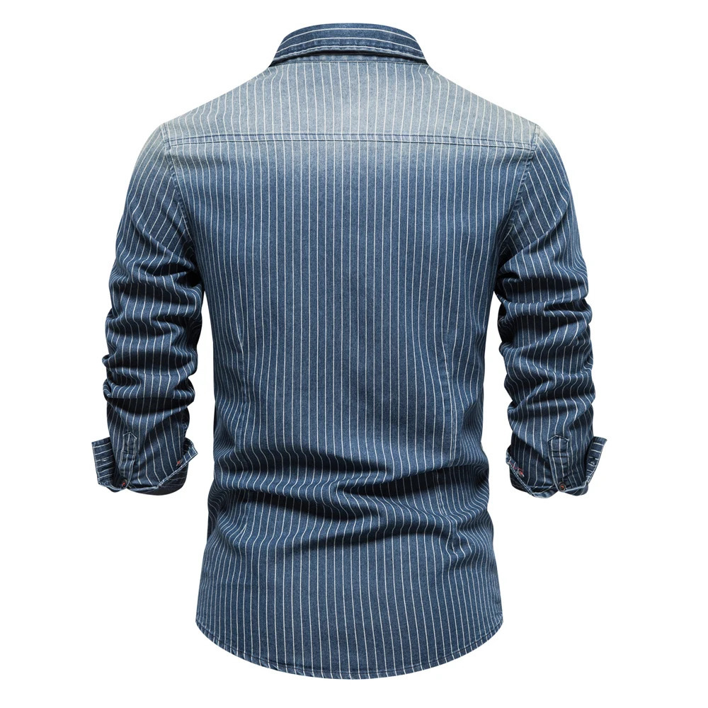AIOPESON Cotton Men Denim Shirts Striped Stretch Long Sleeve High Quality Jeans for Casual Slim Cowboy Man 250725
