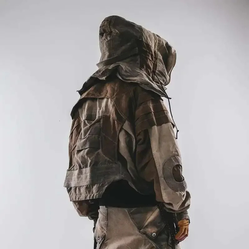 Mens Hooded Distressed Patchwork Folded Jackets Waste Soil Style Tactical Techwear Shoulder Batwing Sleeve Coat 250725