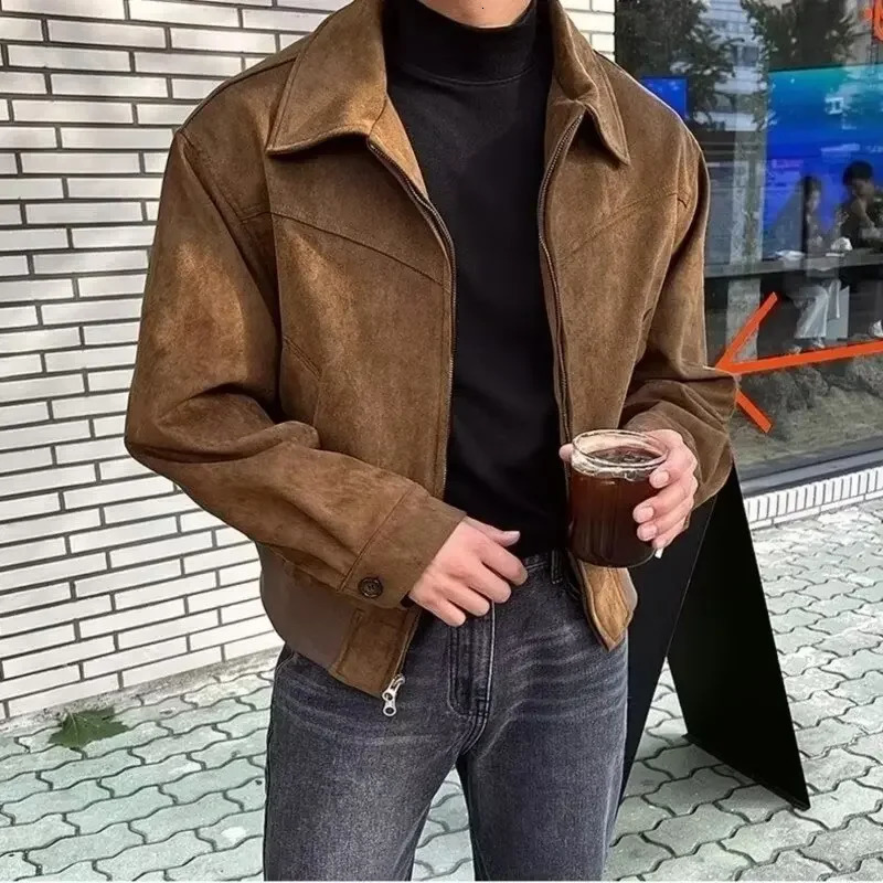 Spring Autumn Korean Style Mens Cropped Flying Jacket Loose Fit Lapel Zipper Youth Hong Kong Style Light Jacket Trendy 250725