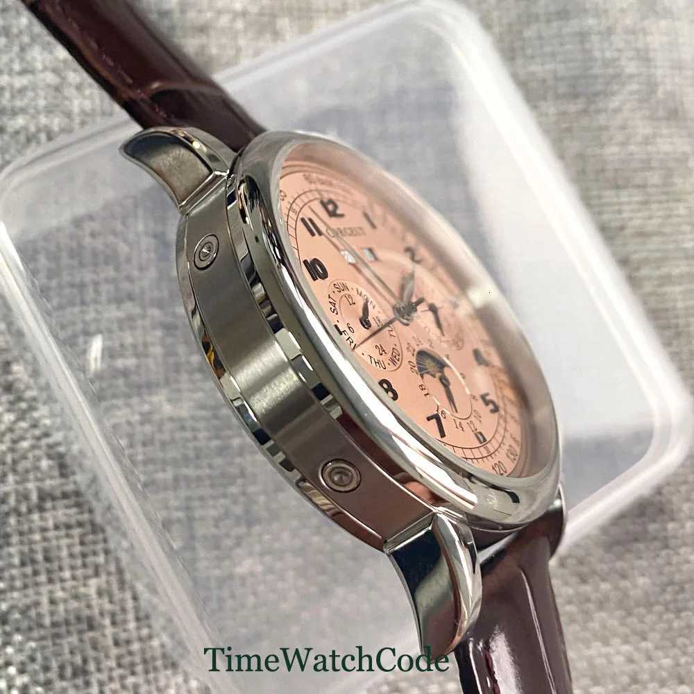 42mm Corgeut Automatic Mens Watch Date Day Month Year Salmon Dial Multi-Function 316L Leather Strap Polished Case Day Night X250726