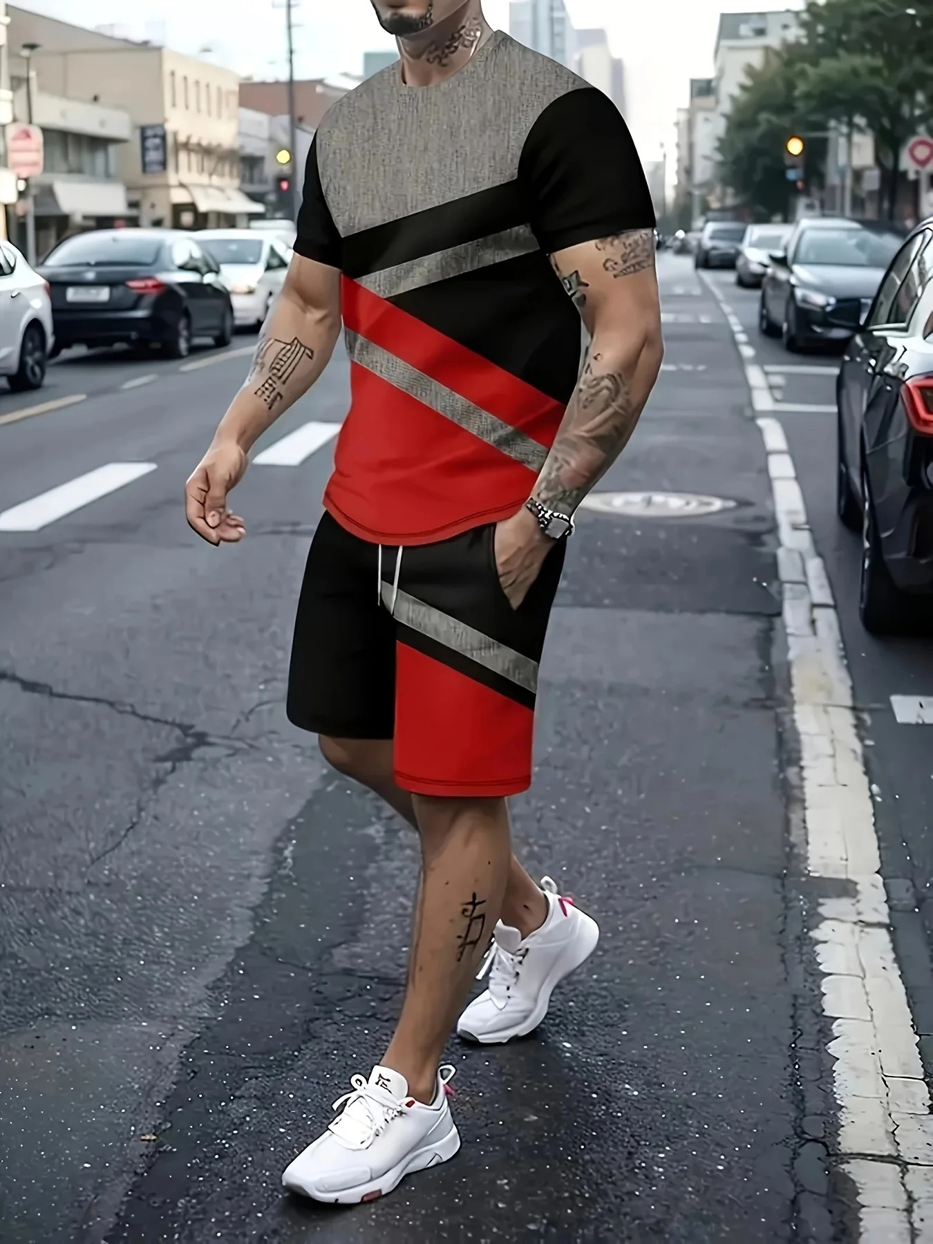 The 2025 summer mens suit is a fashionable and casual 3D irregular pattern printed everyday streetwear 250724