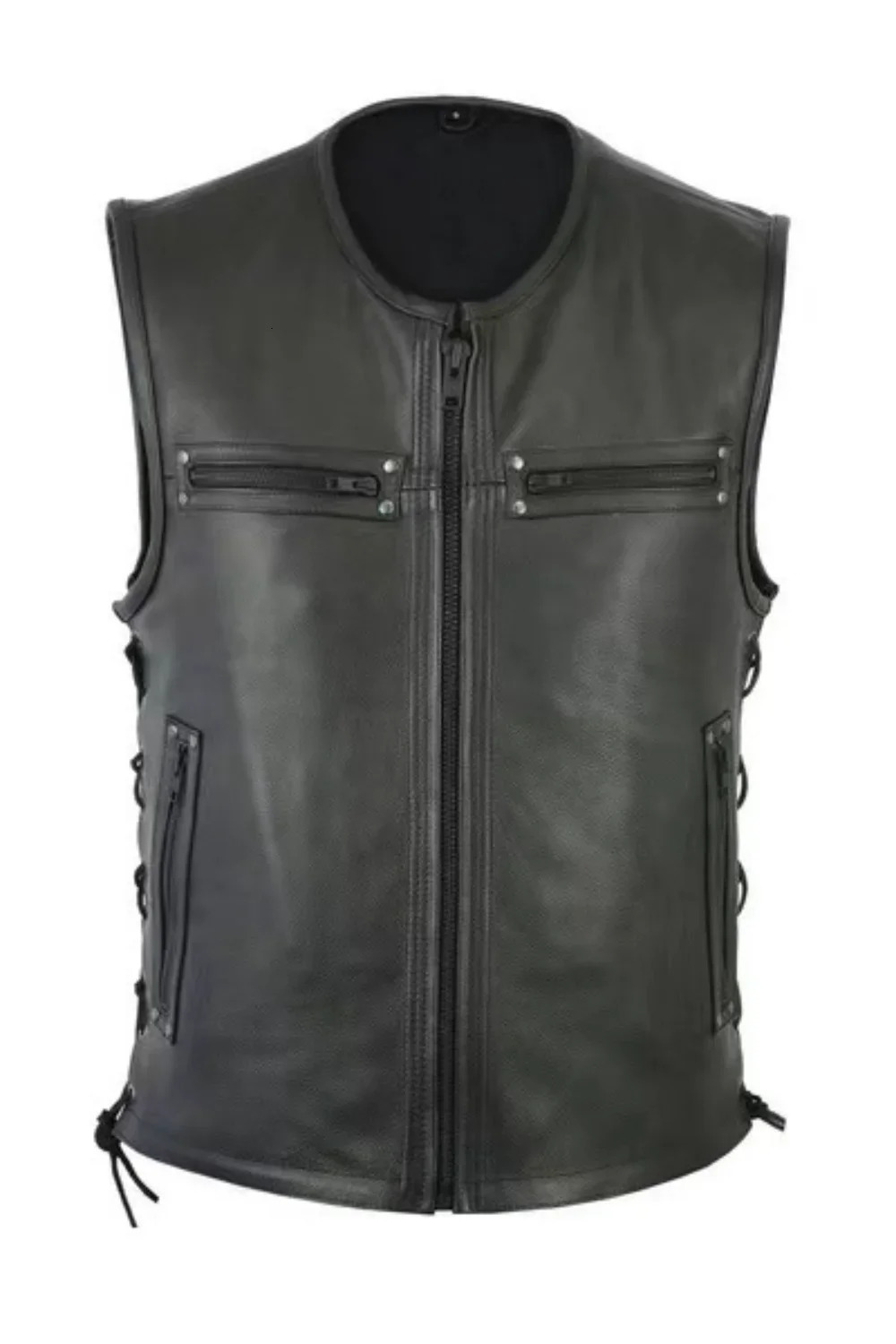 2023 Solid Color Mens Vest Motorcycle Standing Collar PU Leather Jackets Team Punk Sleeve Tops Male Large Size 5XL 250725
