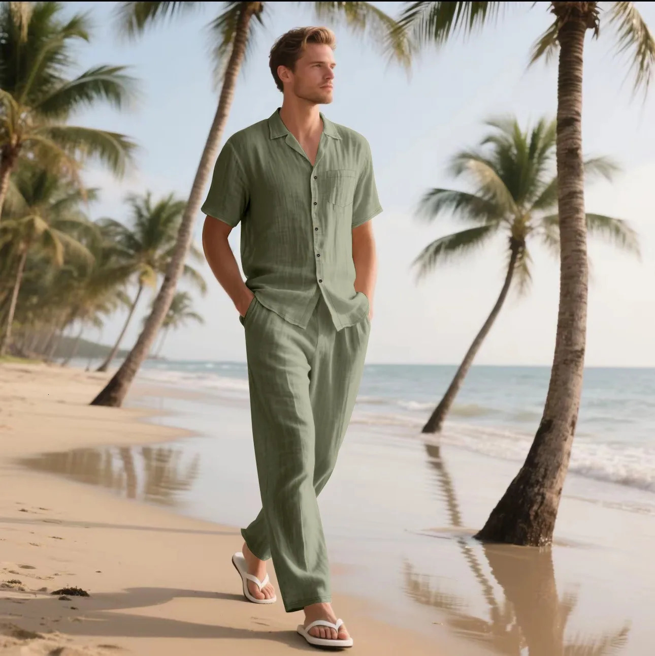 Summer Beach Mens Linen Short-Sleeved Shirt Set is a Two-Piece Long Pants Set Suitable for Daily Casual Beach Vacations 250725