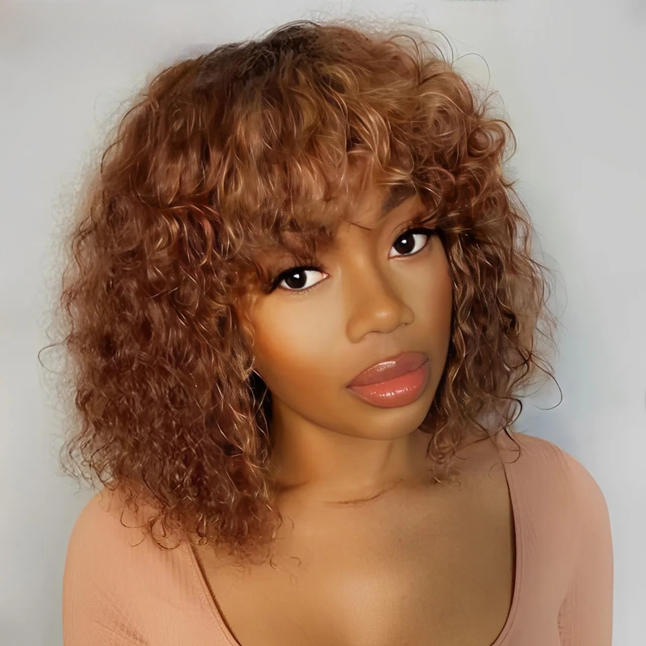 Lekker Colored Short Pixie Afro Kinky Curly Bob Human Hair Wigs With Bangs For Women Ready To Wear Ombre Brown Wigs Synthetic Wig