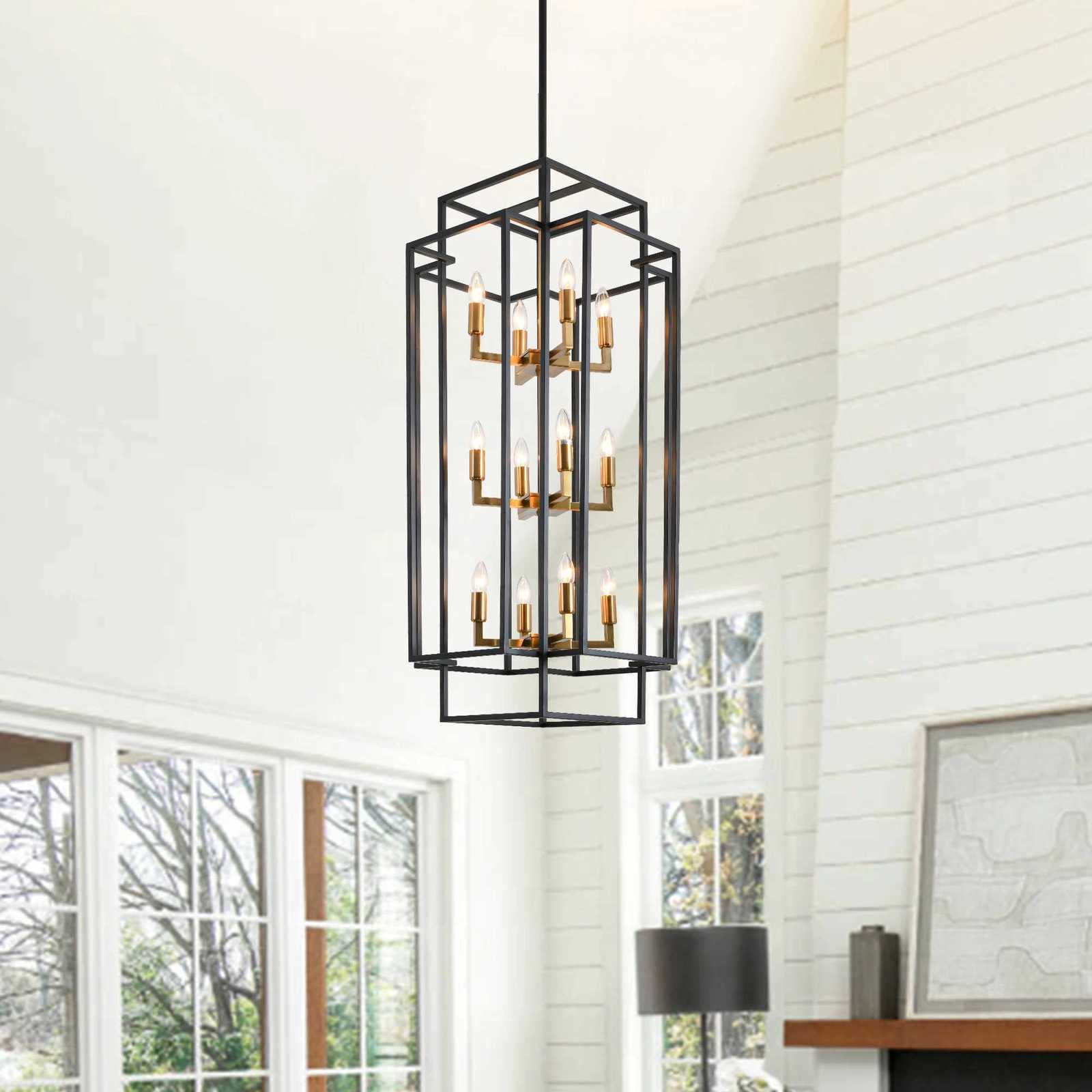 12 Lights Pendant Light Metal Lantern Island Light Modern Farmhouse Tiered Hanging Light Fixture Black and Gold Chandelier XJ250725