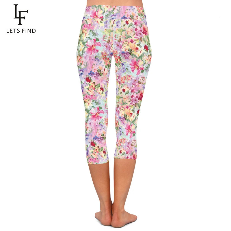 LETSFIND Summer Hand Drawn Floral Print High Waist Women Legging Fitness Sexy Stretch Slim MidCalf 34 Leggings 250725