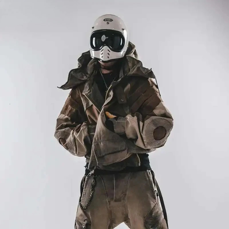 Mens Hooded Distressed Patchwork Folded Jackets Waste Soil Style Tactical Techwear Shoulder Batwing Sleeve Coat 250725