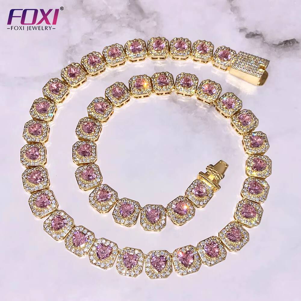 Pink Heart Gemstone Necklace Women Fashion Gold Plated Diamond Necklace Jewelry