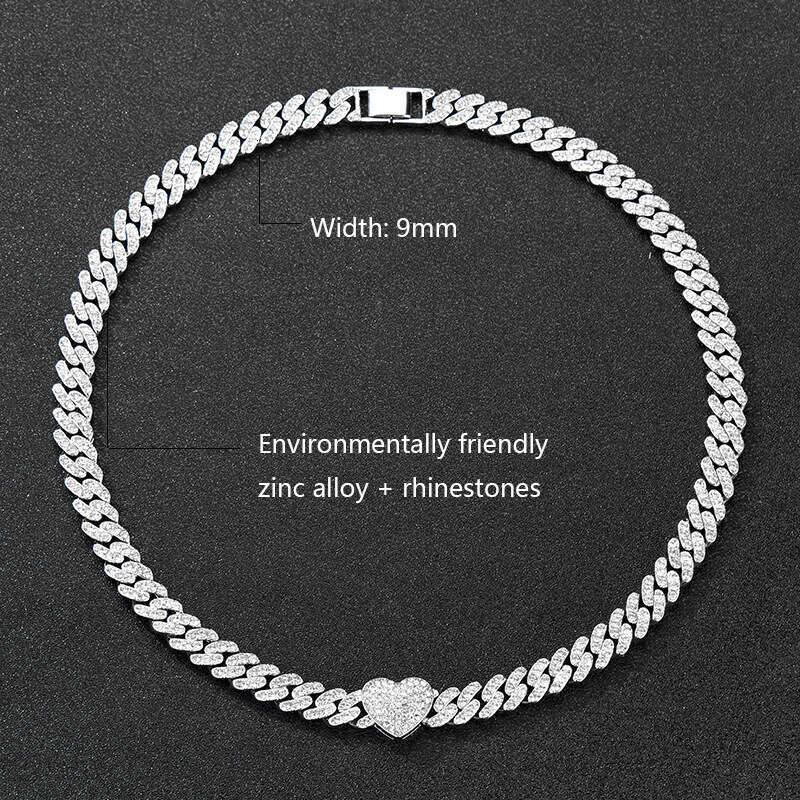 Heart Chain Cuban Link 9mm Hip Hop Rap Ins Style Versatile Accessories Men's Necklace Set