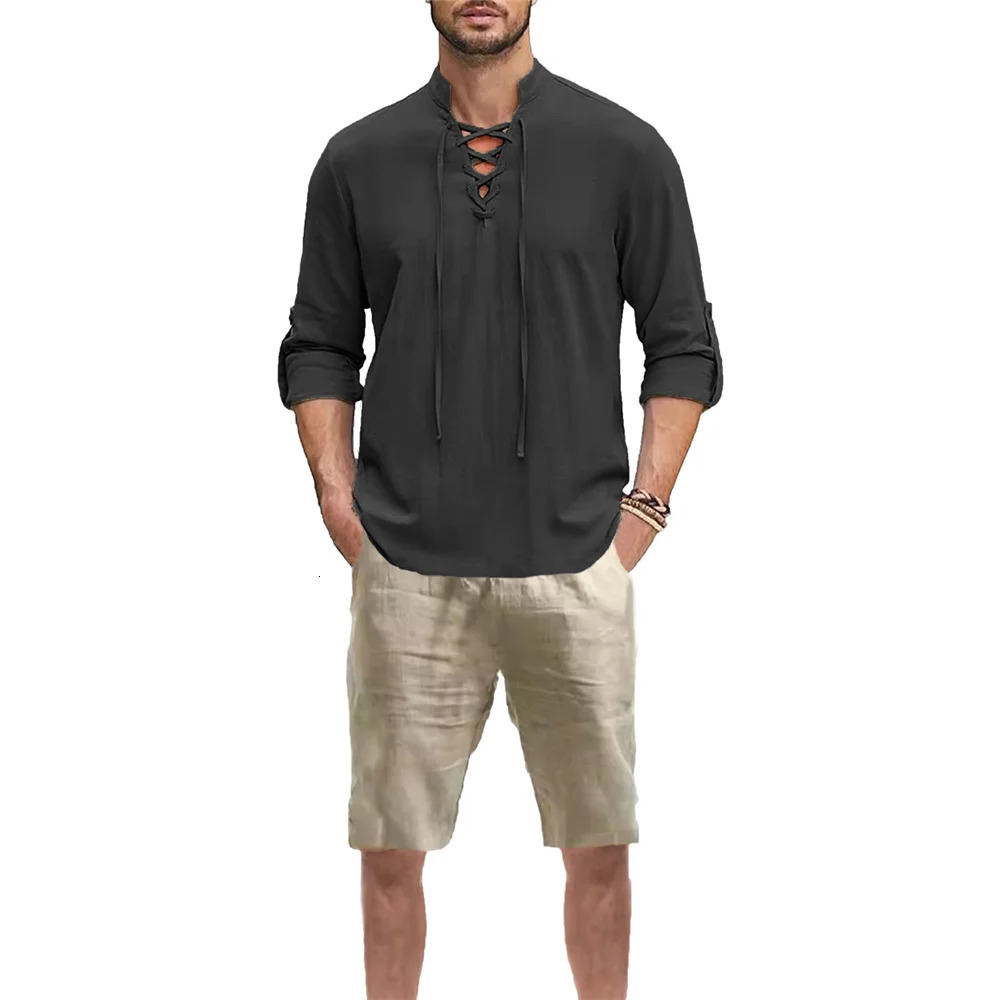 Mens Vintage Lace Up Vneck Shirt Suit Casual Solid Color Breathable Lightweight Fashion Summer Sets Male Outfit 250724