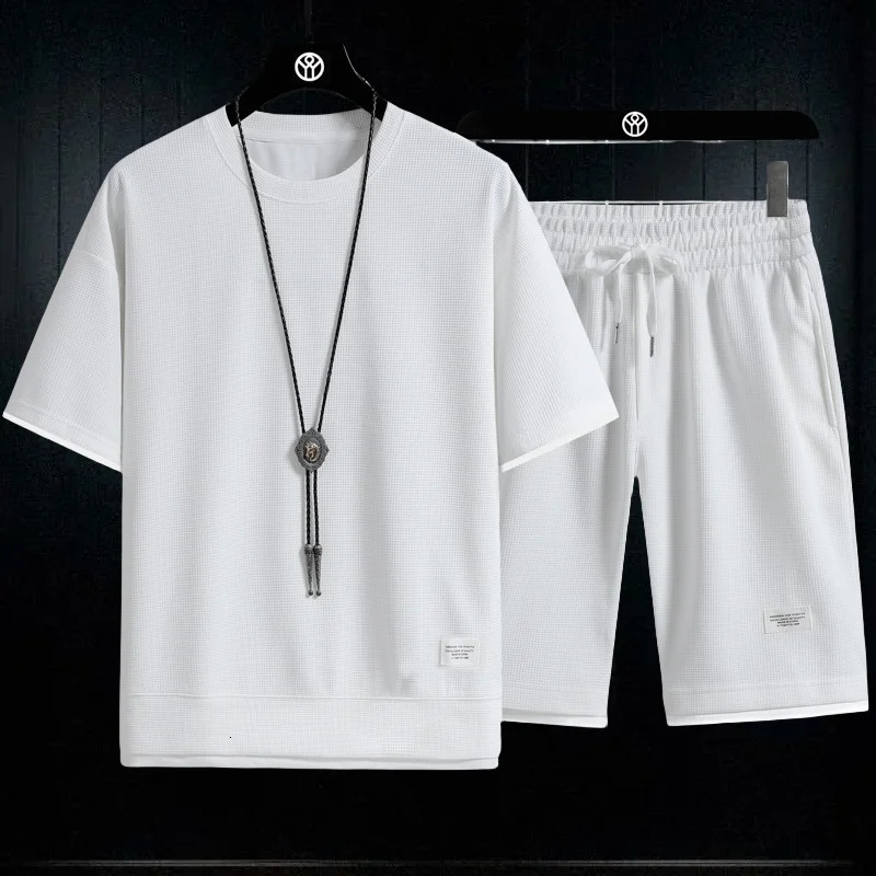 3D Mens Waffle Summer Suit Casual T-shirt Shorts Suit Mens Tracksuit Solid Color Tracksuit Loose Suit 250725