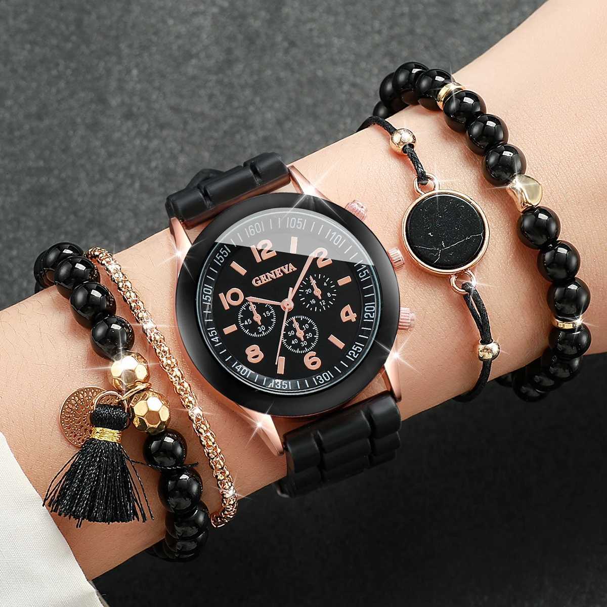 5pcs/set Wen Silicone Band Quartz Watch and Beads Tassels Bracelet Set X250726