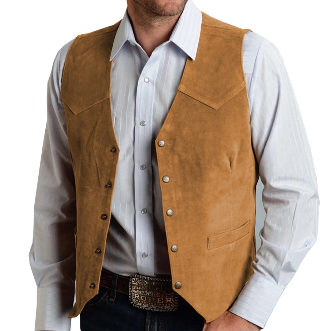 Men Vest Gold Suede Leather Gentleman Business Waistcoat Vintage Western Cowboy Regular Slim Banquet Suit 250725