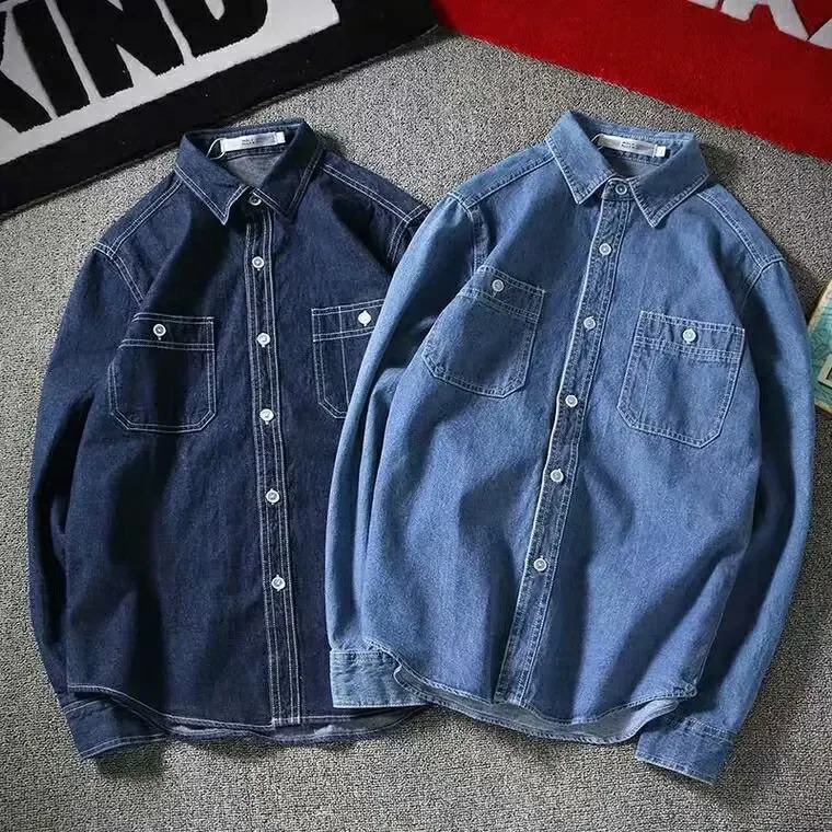 Japanese Vintage Denim Long Sleeve Shirt Mens Autumn Casual LooseFit Jacket Top Electric Welding Work Plus Size 250725