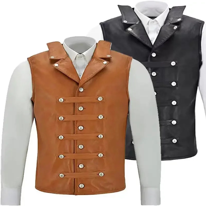 Mens Vintage Leather Vest single breasted sleeveless top punk Medieval Knight vest cycling hip hop 250725