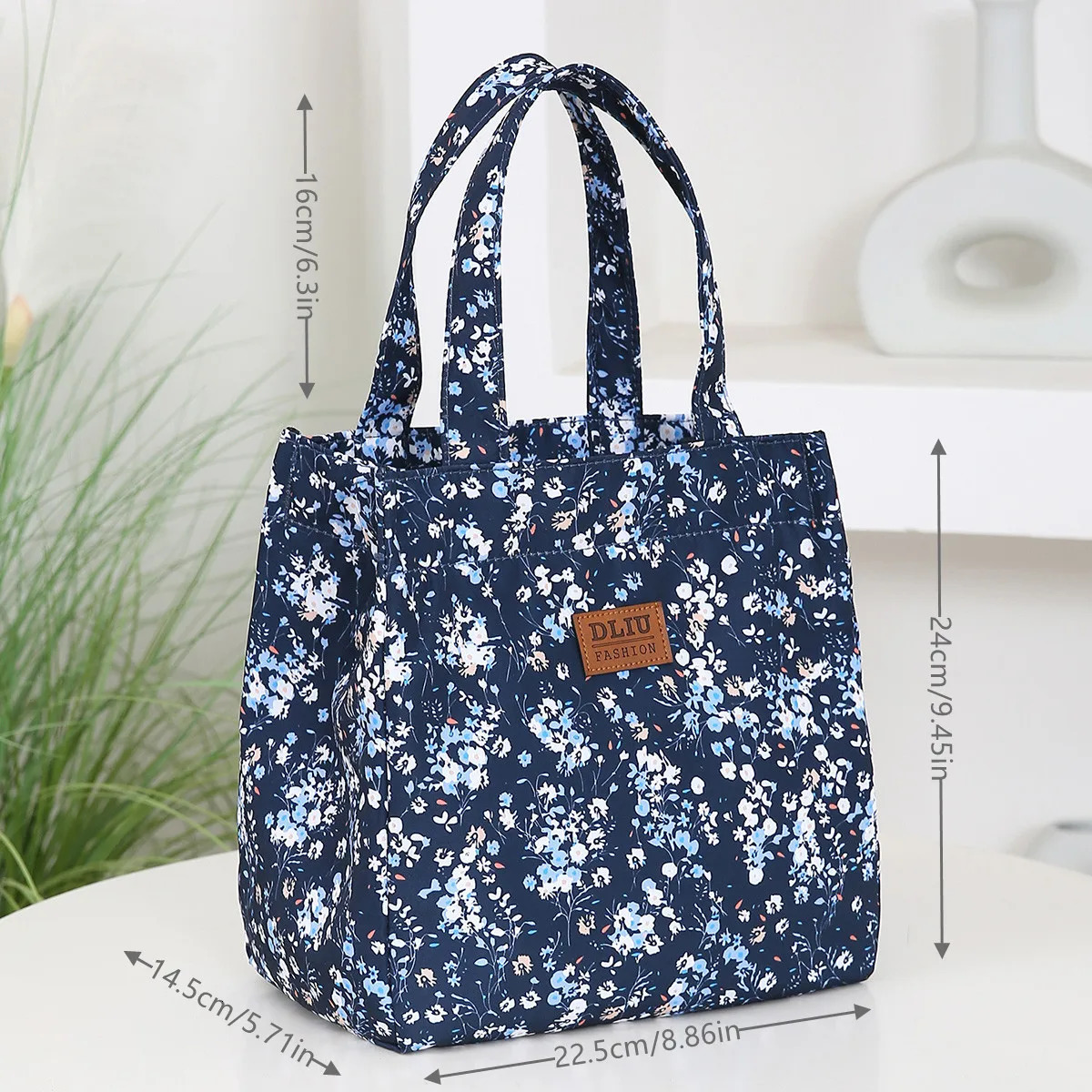 floral-printed handbag with a zipper semi-closed work lunch box bag with aluminum foil insulation inside 250723
