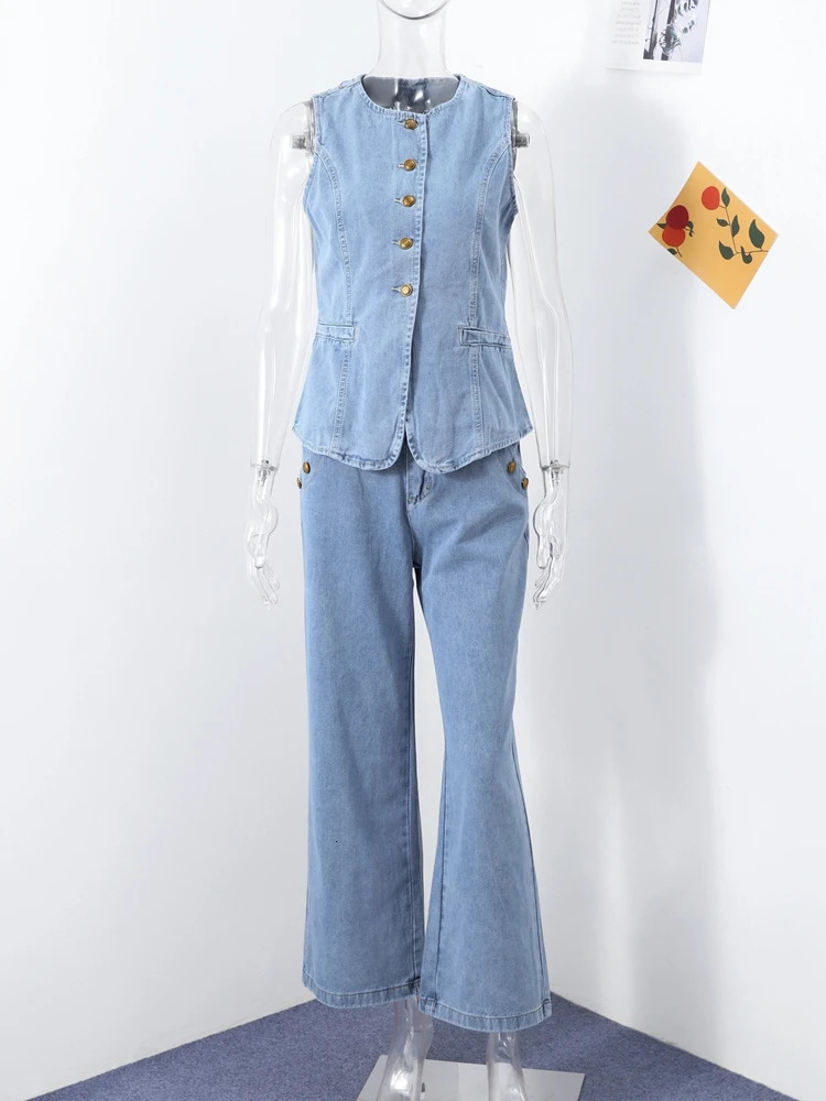 Vintage Denim Pants 2 Piece Sets For Women O-neck Sleeveless Single Breasted Tank Vest Wide Leg Trouser Spring Lady Outfits 250723