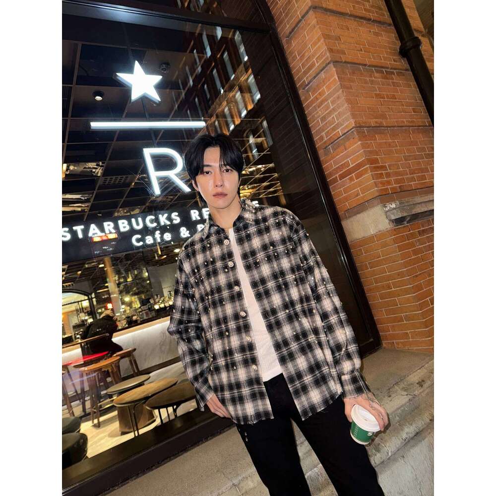 Men's Hot Dia Bead Plaid Shirts 2025 Spring And Autumn New Niche High-End Lapel Tops Loose Comfort Long-Sleeve Chic Shirt