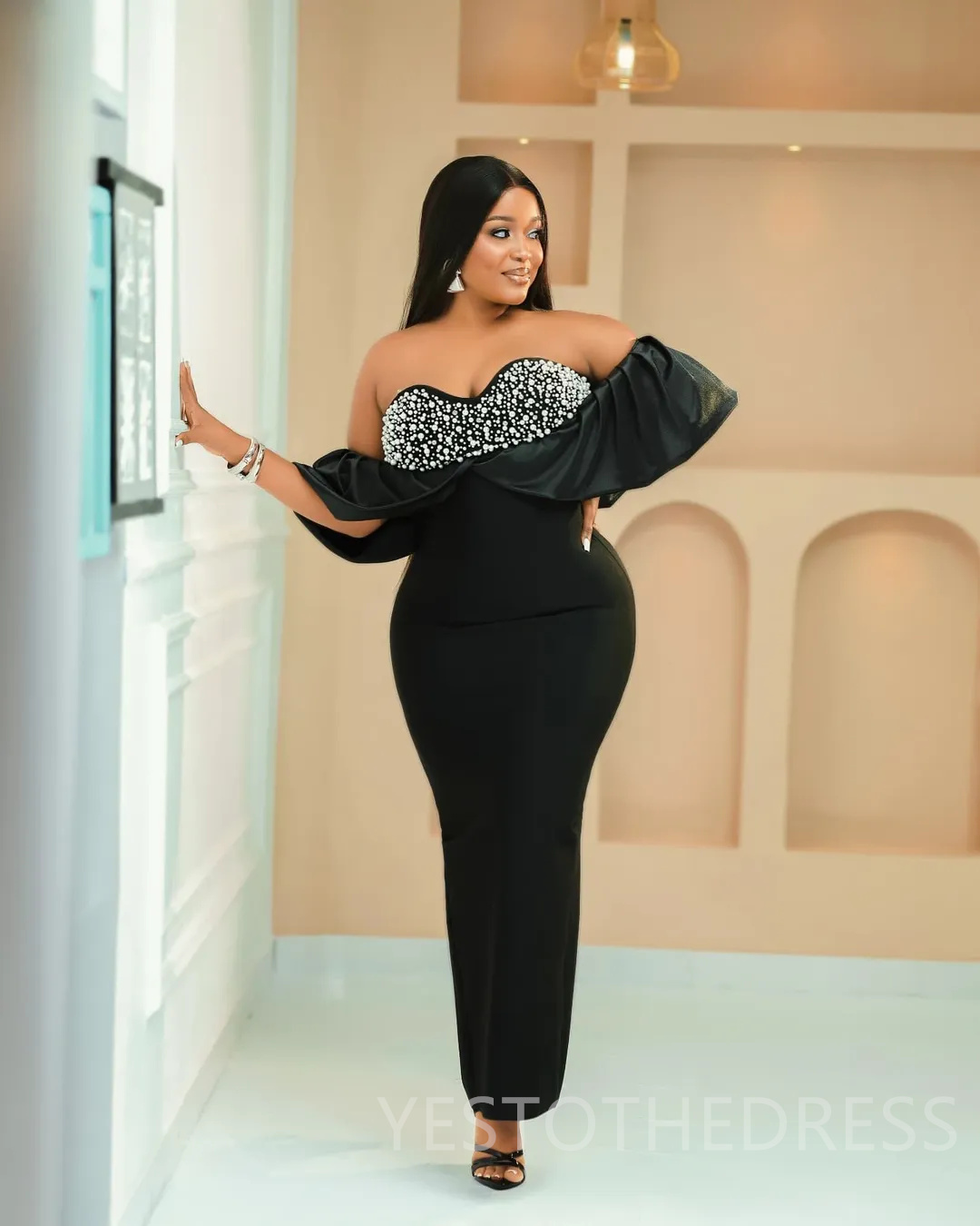 2025 Plus Size Black Prom Dress Evening Dresses Mermaid Formal Gowns For Black Women Velvet Off Shoulder Pearls Beaded Birthday Dress Second Reception