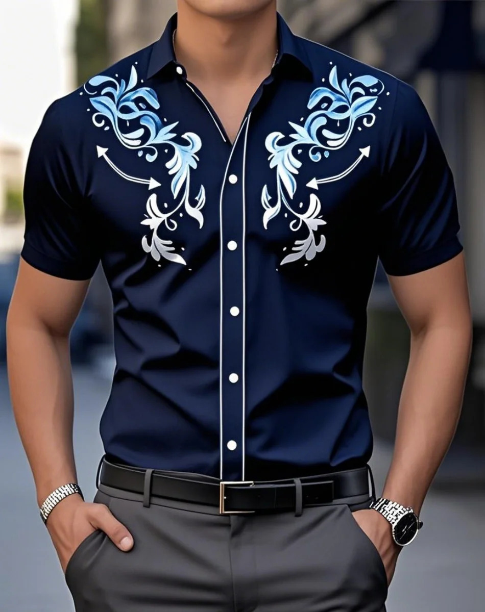 Mens 3D Retro Print Denim Shirt ShortSleeved Outdoor Street Fashion Classic Western 250725