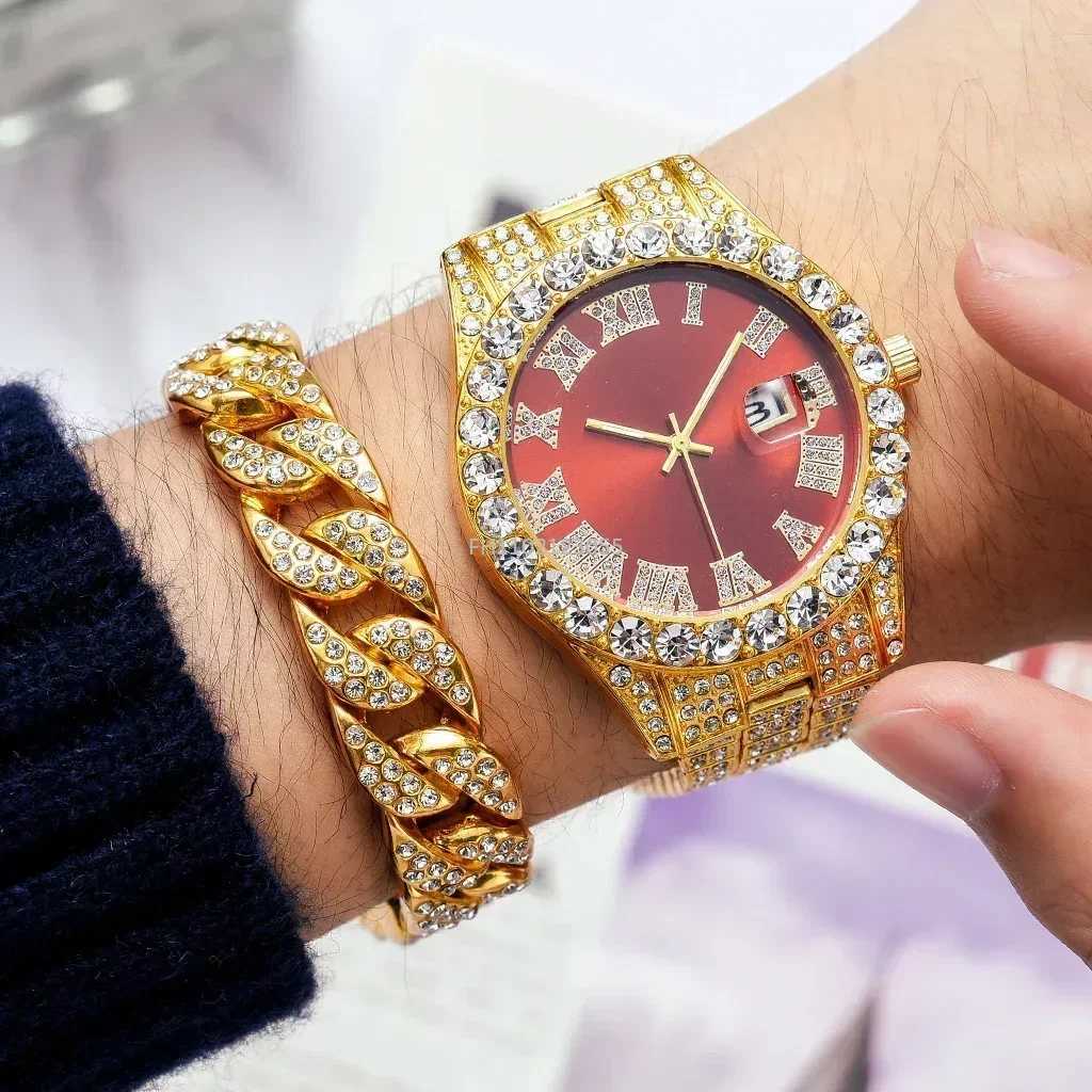 1/2Pc Watch Bracelet Set Hip Hop Stainless Steel Gold Color Sleek Watch Men d Out Paved Rhinestones Men Watch Reloj Hbre X250726