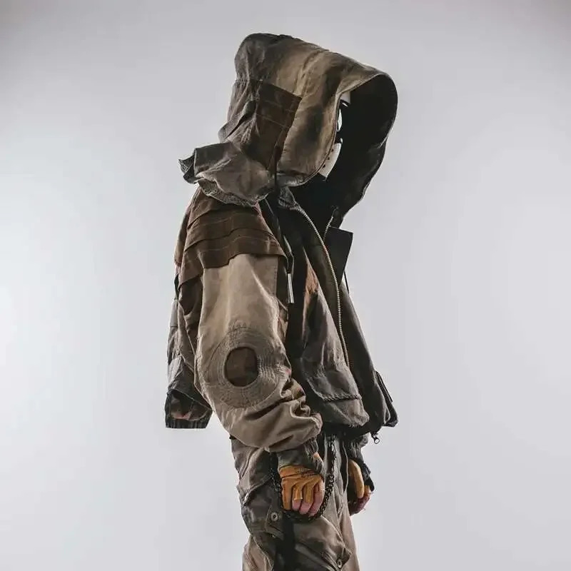 Mens Hooded Distressed Patchwork Folded Jackets Waste Soil Style Tactical Techwear Shoulder Batwing Sleeve Coat 250725