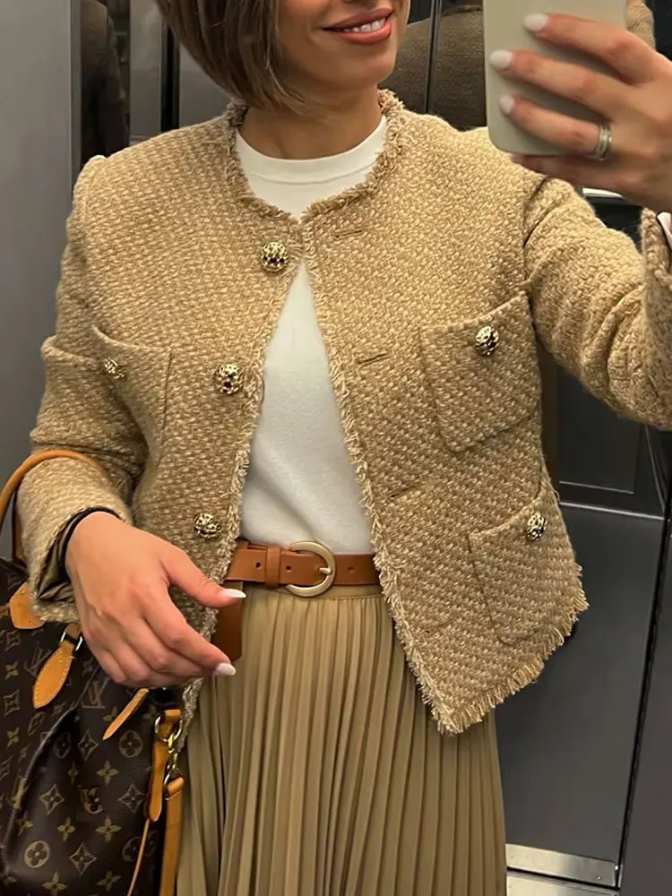 TRAFZA Autumn Fashion Women Short Jacket Camel Tweed Long Sleeve Button Frayed Cropped Tops Elegant Y2k Vintage Chic Coats 250725