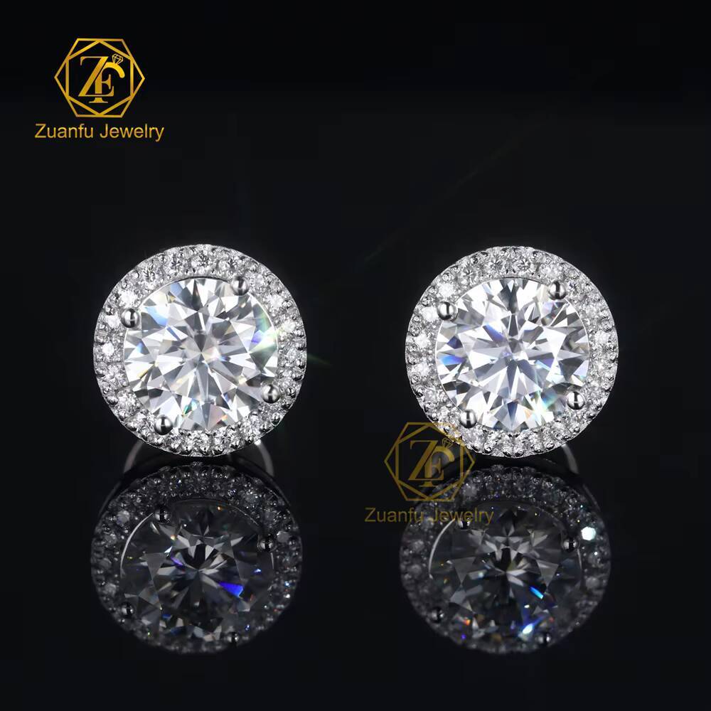 ZuanfoJewelry Eye Catching Round Shape Halo Earring D VVS 5/6.5/8MM Moissanite Earring Pass Diamond Tester 925Silver Gold Plated
